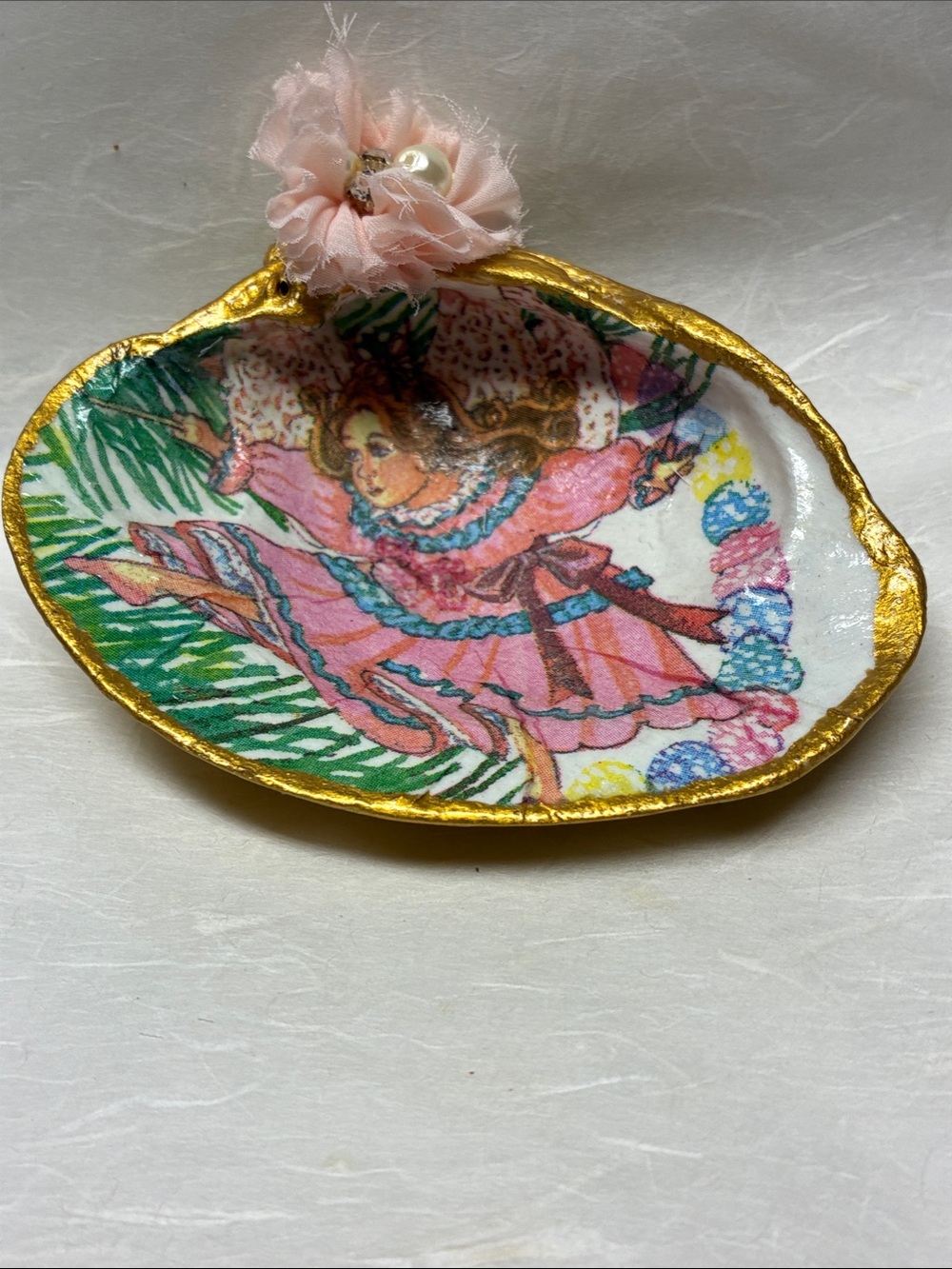 Pink Decorative Fairy Shell Trinket Dish Gold Trim and Fabric Dazzled Flower
